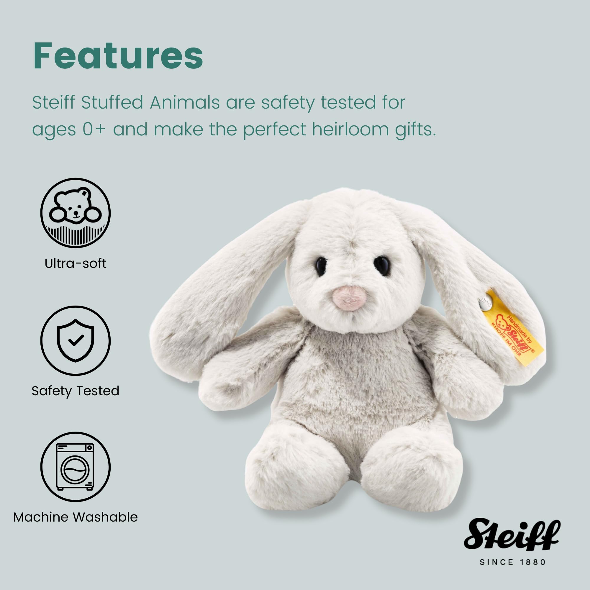 Steiff Hoppie Hase 18 cm hellgrau, PlĂĽschtier Hase mit Schlappohren, Soft Cuddly Friends, flauschiges Stofftier zum Kuscheln und Spielen