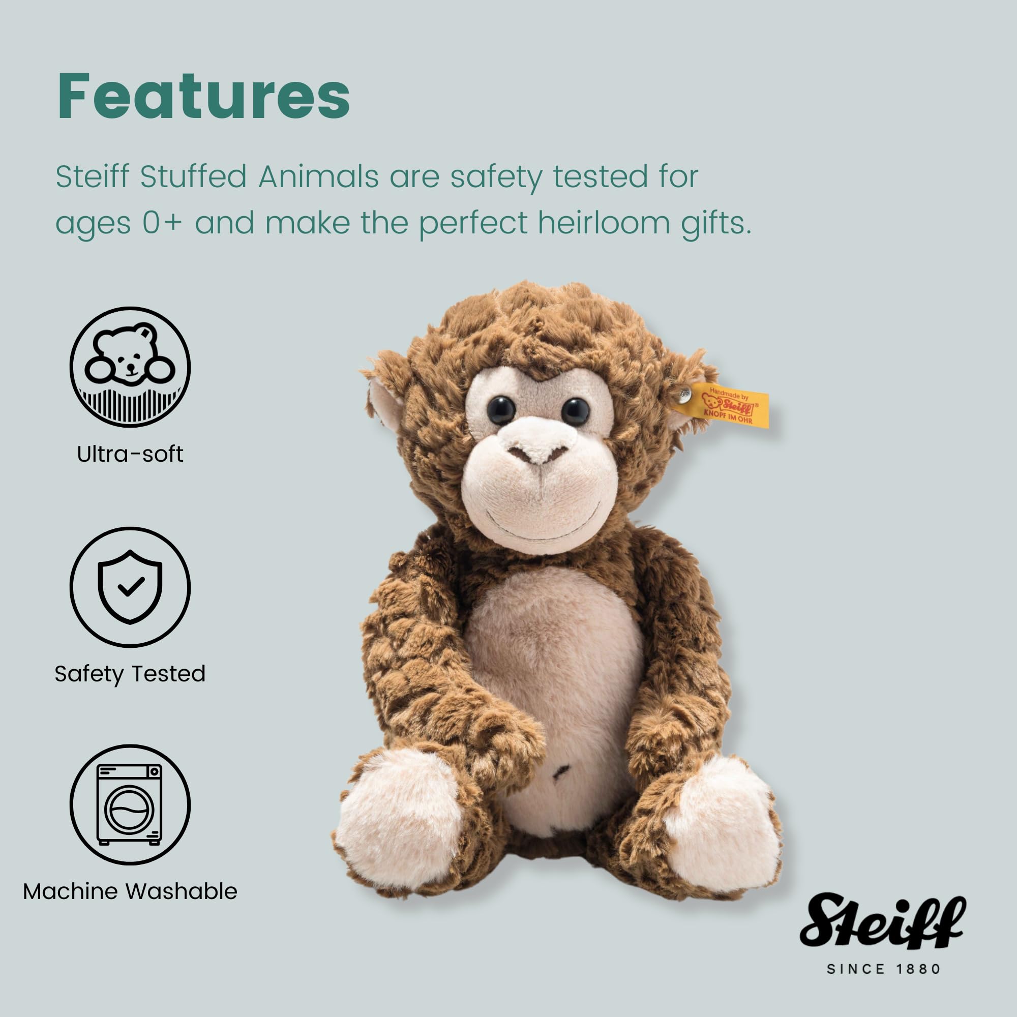 Steiff Bodo Affe 30 cm, PlĂĽsch-Affe, Soft Cuddly Friends, Kuscheltier fĂĽr Kinder, aus kuschelweichem PlĂĽsch & weich und waschmaschinenfest, Braun