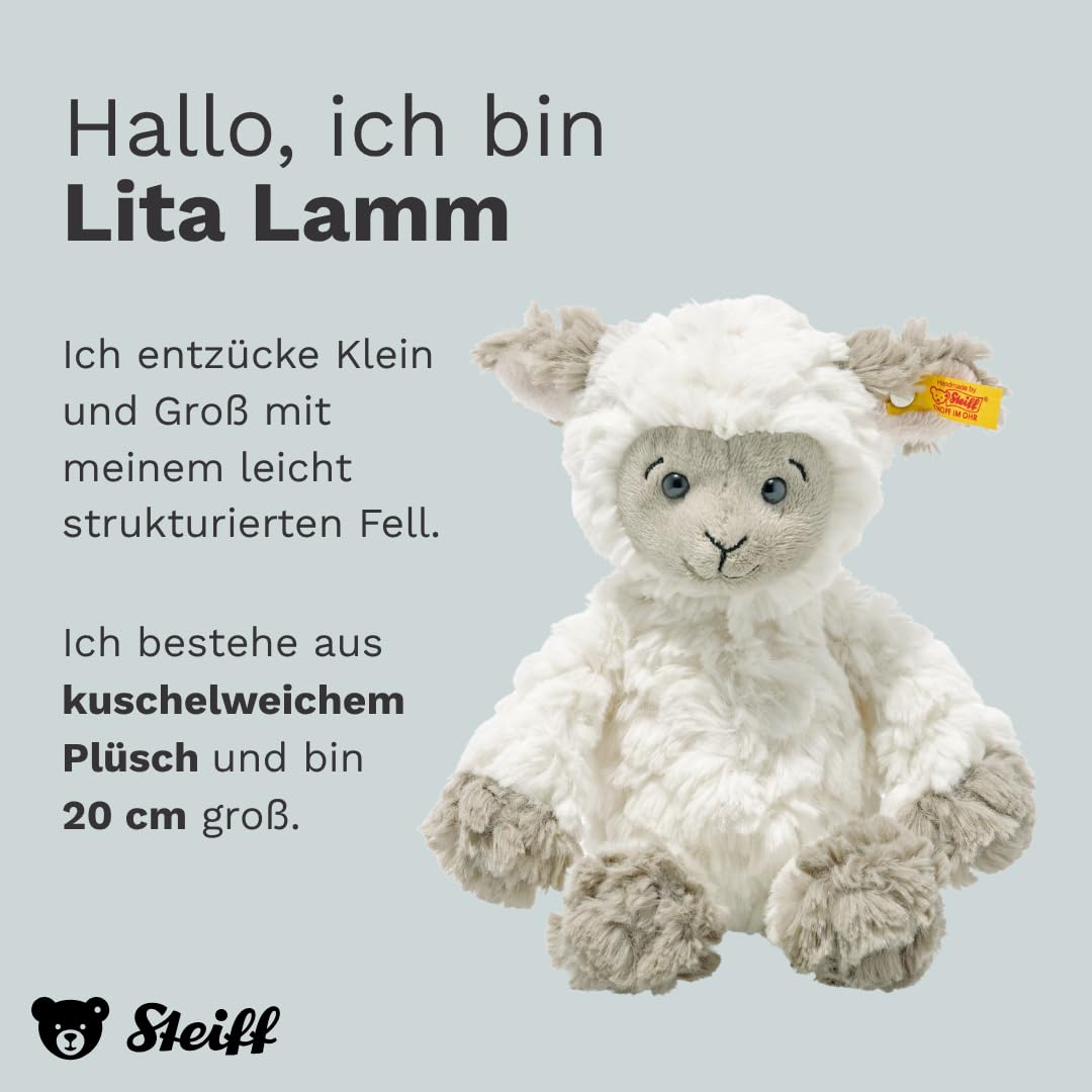 Steiff Kuscheltier Lita Lamm, Süßes Stofftier mit Kunststoffaugen, Kinder, Jungen & Mädchen, Soft Cuddly Friends, Plüschtier 20 cm, Weiß, 073946